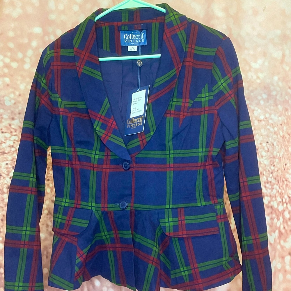 NWT XL ModCloth Blue Plaid Women’s Blazer! Peplum hem!